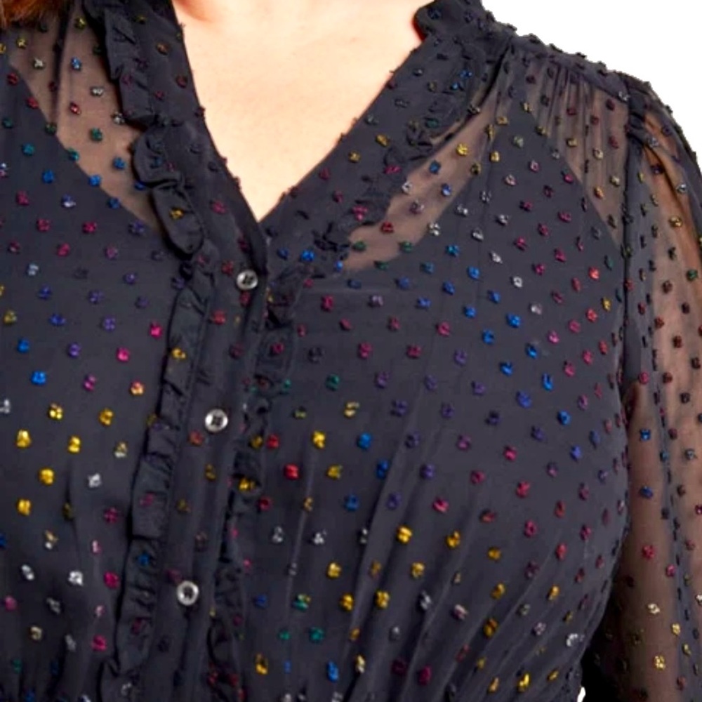 Anthropologie Sheer Audrey Blue Metallic Rainbow Dot‎ Long Sleeve Dress - Picture 2 of 5